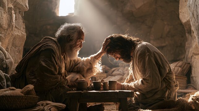 Ancient elder blesses a kneeling young man in a humble stone room with light streaming in