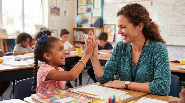 Teacher and student high fiving in elementary classroom