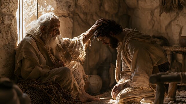 Elderly biblical patriarch praying and laying hands on head of kneeling man in stone dwelling