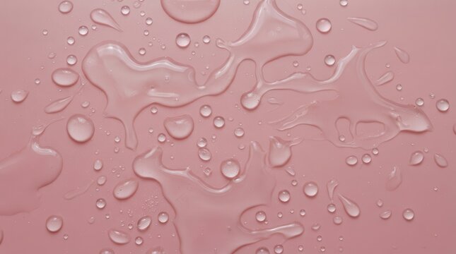 Clear water drops and liquid splashes on a pink background