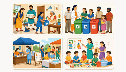 Fototapeta premium Community Sustainability and Local Education Hand Drawn Doodle Illustration Collection with Recycling Bins, Farmers Market, Volunteers, Children and Environmental Activities