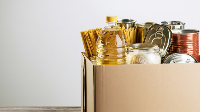 Cardboard food donation box filled with pasta, rice, bottled cooking oil and assorted canned goods isolated against a clean light background, neatly arranged pantry staples visible