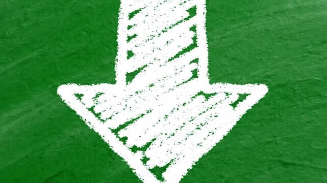 White chalk down arrow doodle on textured green background