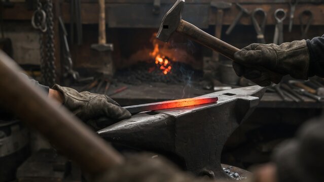Blacksmith hammering hot glowing metal piece on anvil in workshop