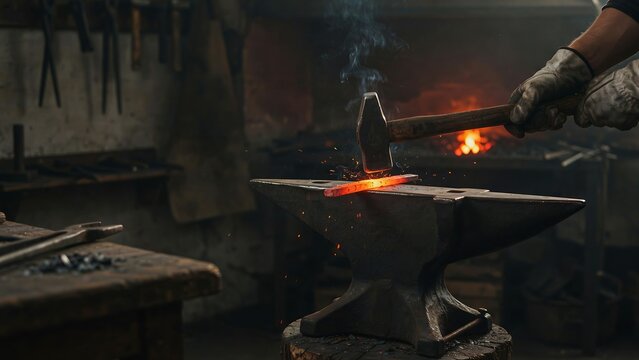 Blacksmith hammering hot glowing metal piece on anvil in workshop
