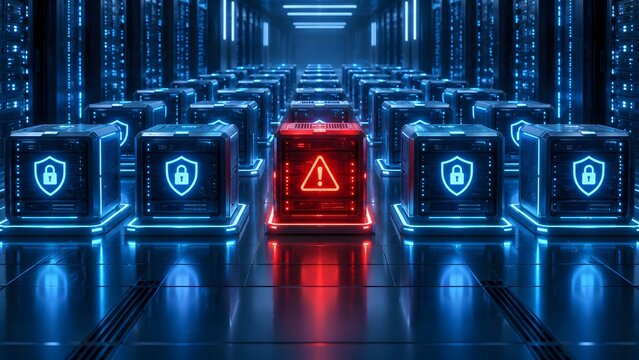 Glowing red warning sign among blue secure servers in a futuristic datacenter representing cybersecurity threat and network vulnerability