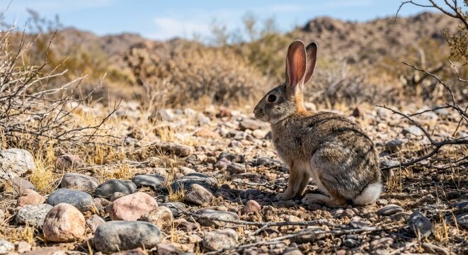 Wild desert cottontail rabbit sitting on rocky ground in its natural arid habitat with mountain landscape and dry scrub background under bright daylight in the American southwest region.