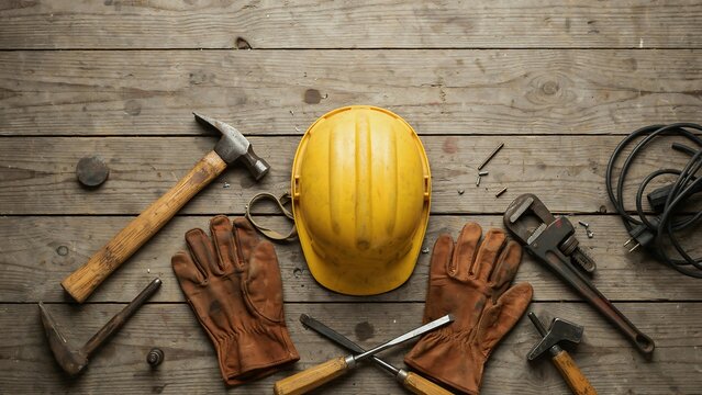 Collection of construction tools and safety gear on wooden surface