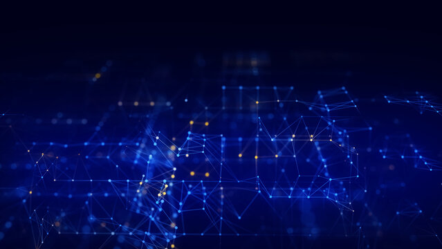 Abstract blue digital network on a dark background with glowing connection points, thin polygon lines and yellow data highlights. Modern technology image for data exchange, communication systems, cybe