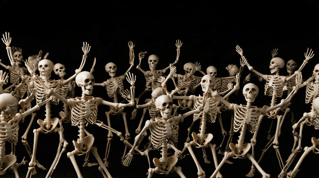 Wide view of a large group of human skeletons dancing and posing together against a pure black background, overlapping bony figures captured in exaggerated playful movements with a