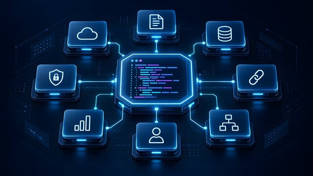 Futuristic digital interface showing programming code connected to network infrastructure icons for software development and system integration