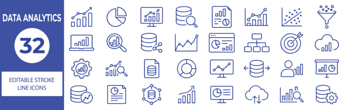 32 Data Analytics Vector Outline Icons Set,Business Intelligence, Data Visualization, Charts, Reports and Analysis Line Symbols Collection