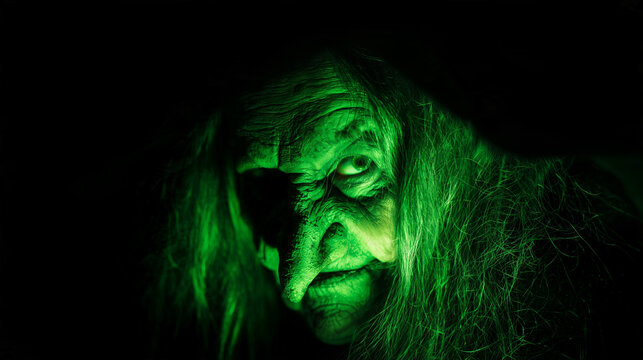 Front-facing macro portrait of a sinister old witch emerging from darkness, weathered facial texture, piercing eyes and exaggerated crooked nose dramatically highlighted by vivid g