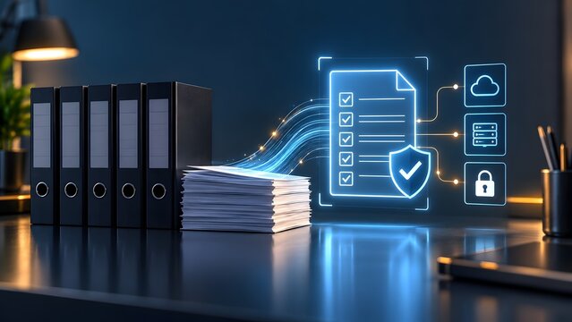 Paper documents transforming into secure digital files with cloud storage and checklist icons representing business digitization and data security