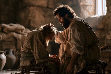 Fototapeta premium Young man blesses elderly man with hands on head in ancient setting
