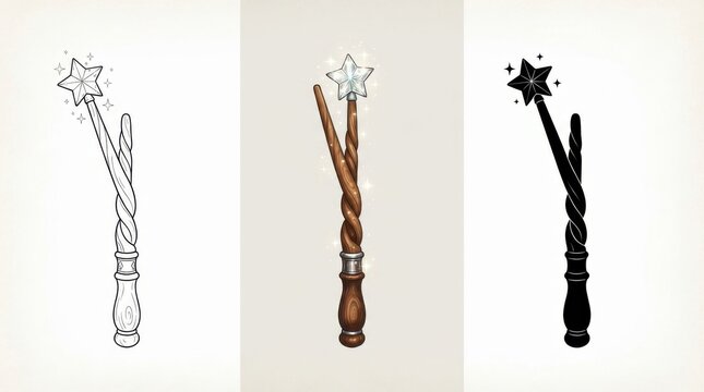 Set of magical wands with star design in outline, color, and silhouette