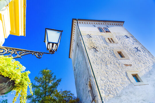 Medieval Lotrscak tower against blue sky in Zagreb, capital of Croatia 