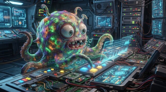 Cute alien monster operating spaceship control panel with futuristic screens