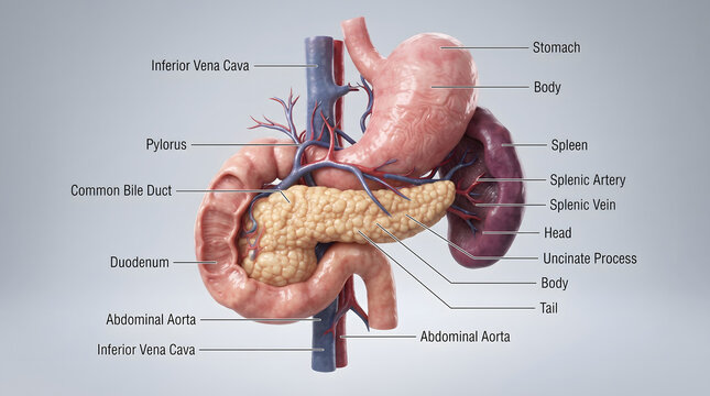 A 3D diagram illustrating the anatomy of upper abdominal organs&mdash;specifically the pancreas, showing its head, body, tail, and uncinate process&mdash;along with adjacent organs and blood vessels.