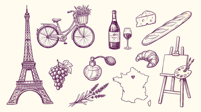 Hand drawn set of paris france travel icons and symbols