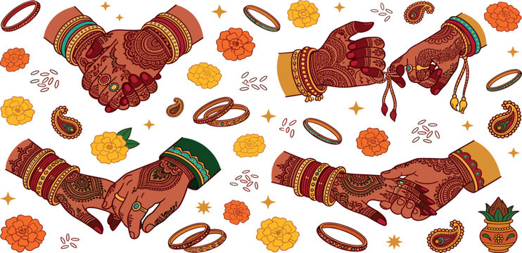 Indian wedding couple holding hands vector elements set with mehndi marigold and bangles