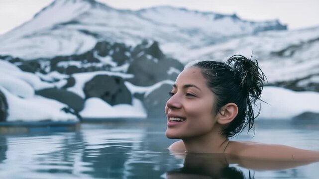 A woman relaxes in an outdoor hot spring with snowy mountains in the background. She is smiling and enjoying the warm water and scenic backdrop of the geothermal pool on a vacation.