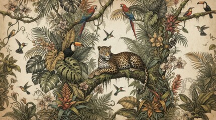 Fototapeta premium Vintage tropical jungle wallpaper with leopard and exotic birds