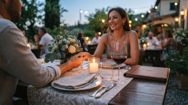 Romantic dinner date for couple holding hands at outdoor restaurant