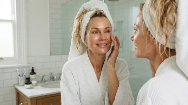 Woman with towel on head applying skincare cream in bathroom mirror reflection