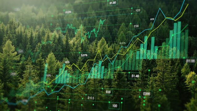 Forest landscape with digital growth charts representing green investment and environmental data analysis.
