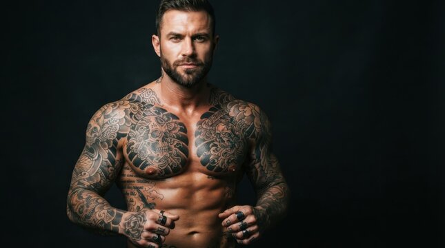 Muscular tattooed man posing against dark background