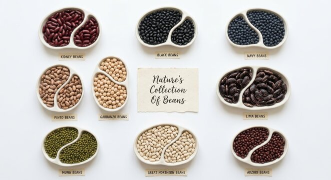 Diverse collection of dried beans and legumes in ceramic bowls with labels on a white background, featuring kidney, black, garbanzo, and mung beans as healthy plant-based protein sources.