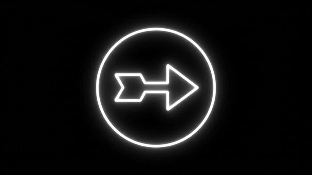 White neon arrow pointing right within incomplete circle on black background