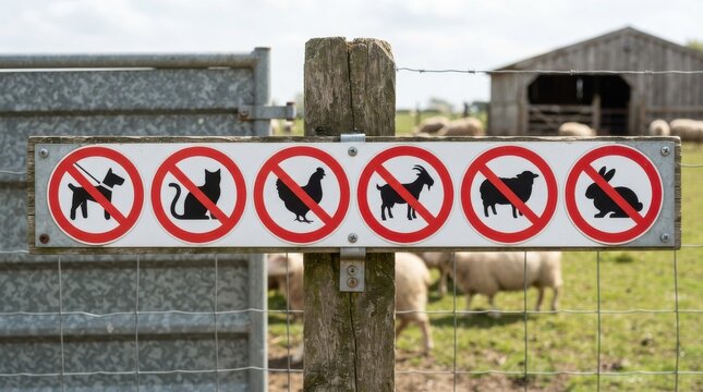 Prohibited animals sign on farm fence with sheep in background