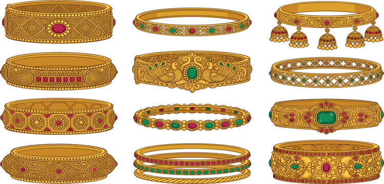 Traditional Indian gold bangles vector set with luxury ethnic bridal jewelry designs for weddings