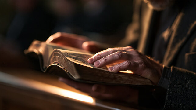 Close-Up of Man Reading Holy Bible in Church