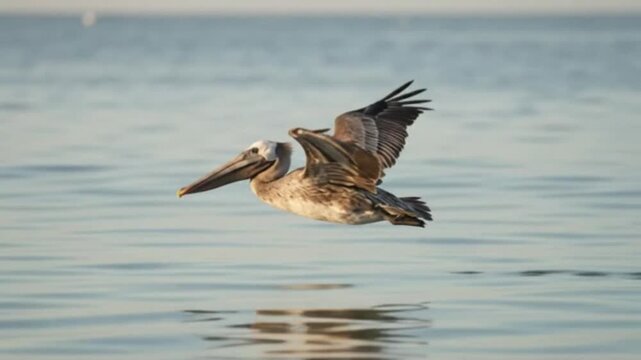 Brown Pelican in Flight: A majestic brown pelican soars gracefully over calm water, its wings outstretched in effortless flight, capturing the freedom of the open sky.