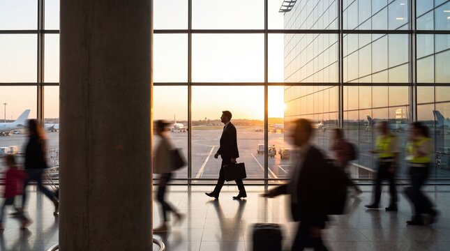 Businessman Walking in Modern Airport Terminal at Sunset