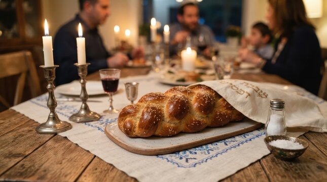 Traditional Shabbat dinner table with braided challah bread and candles