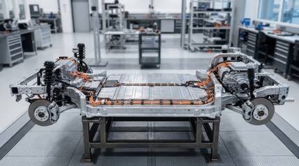 Fototapeta premium Electric vehicle chassis with battery pack and drivetrain in factory