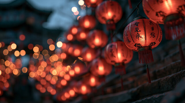 Red Chinese Lanterns Glowing at Night During Festival