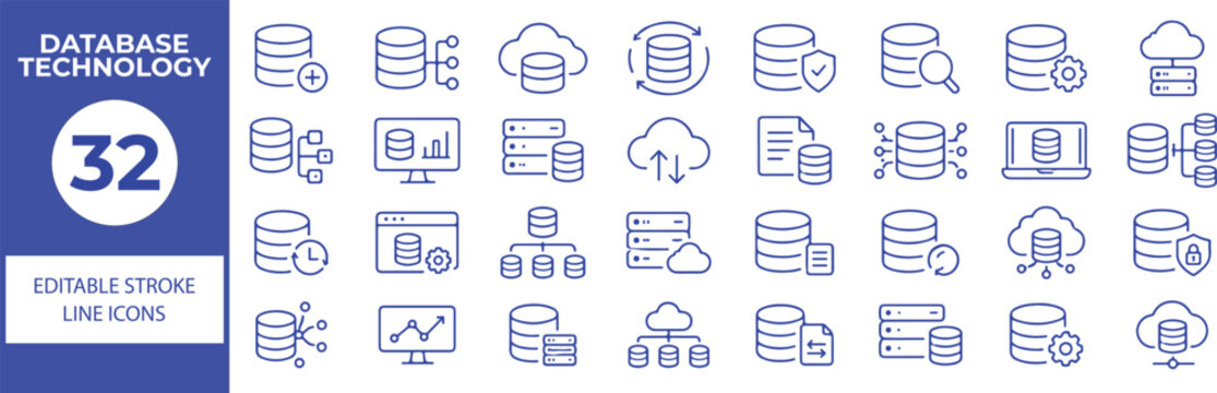 32 Database Technology Vector Outline Icons Set,Database Management, Server, Cloud Storage, Data Security and Computing Line Symbols Collection