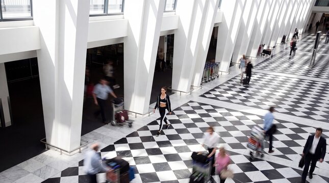 Travelers Walking Through Modern Airport Terminal with Checkered Floor
