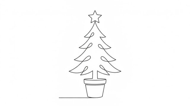 Continuous line of a christmas tree in a pot animation, minimalist holiday
