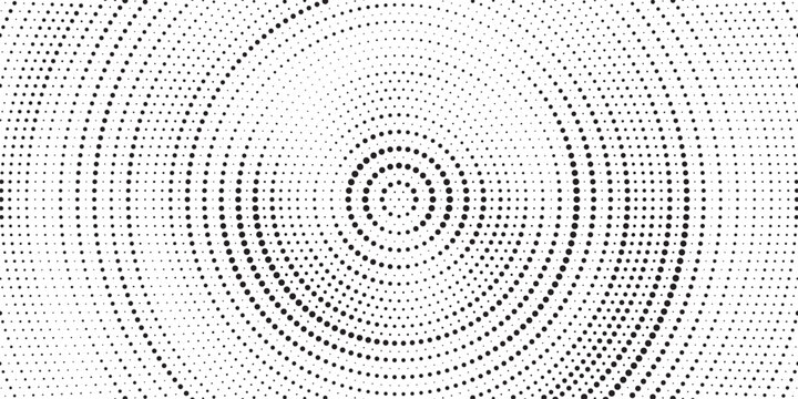 Radial halftone gradient background. Dotted concentric texture with fading effect. Black and white circle shade wallpaper. Grunge rough vector. Monochrome backdrop