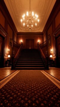 Grand gothic mansion interior with red carpeted staircase