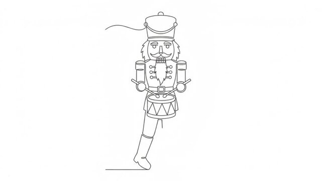 Continuous line of a nutcracker soldier drumming, minimalist christmas animation on white background