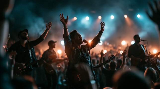 Lead Singer Performing with Raised Arms on Concert Stage