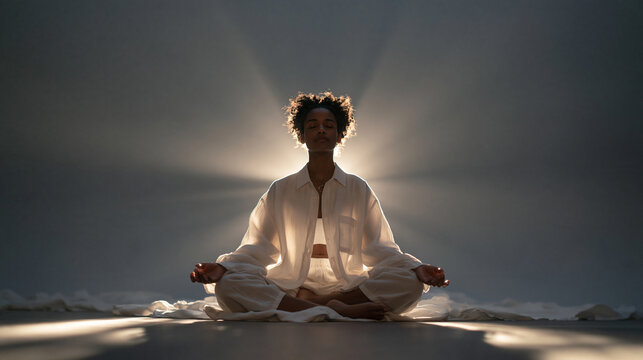 Woman Meditating in Lotus Position with Dramatic Backlight