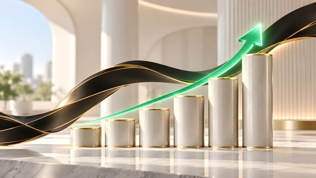 Elegant business growth concept with a glowing green upward arrow flying over white marble bar charts in a bright modern office interior